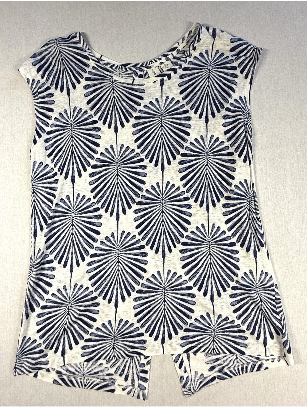 Joie Top Women Sz L Blue White 100% Linen Cap Sleeve Leaf Button Back Beach Boho